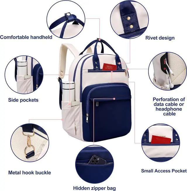 Alt view image 5 of 7 - 17 Inch Laptop Backpack for Women Men Fashion Work, Large Capacity Waterproof Bagpack with USB Port, College Daypack Business Travel Backpack,Blue-White