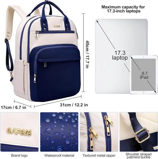 Alt view image 6 of 7 - 17 Inch Laptop Backpack for Women Men Fashion Work, Large Capacity Waterproof Bagpack with USB Port, College Daypack Business Travel Backpack,Blue-White
