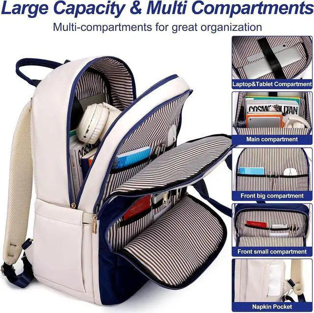 Alt view image 3 of 7 - 17 Inch Laptop Backpack for Women Men Fashion Work, Large Capacity Waterproof Bagpack with USB Port, College Daypack Business Travel Backpack,Blue-White