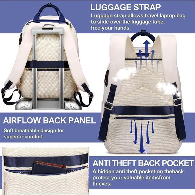 Alt view image 7 of 7 - 17 Inch Laptop Backpack for Women Men Fashion Work, Large Capacity Waterproof Bagpack with USB Port, College Daypack Business Travel Backpack,Blue-White