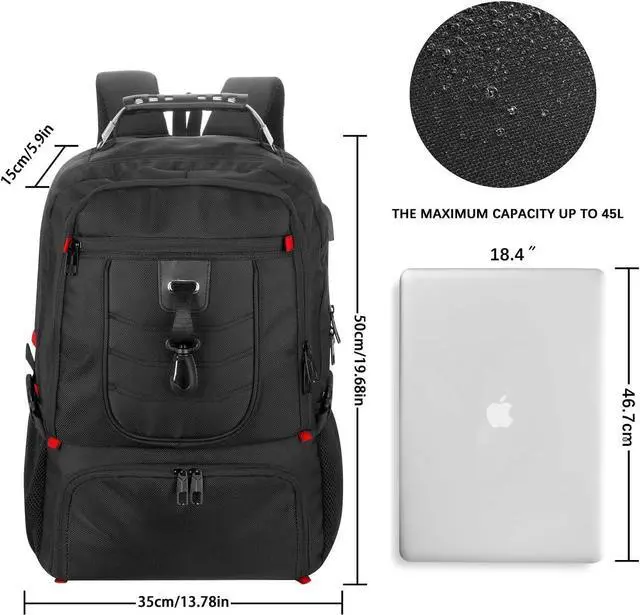Alt view image 6 of 7 - Travel Business Laptop Backpack for 18.4in PC with Shoe Compartment USB Charging Port,Sport Gym Bag for College Hiking Camping,Waterproof School Bookbag for Men Women Boys,Black
