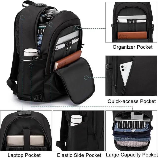 Alt view image 3 of 6 - 17.3 Inch Laptop Backpack,Large Travel Laptop Bag with USB Charging Port, Anti Theft Water Resistant Business Backpack for Men and Women, Durable Big Capacity Heavy Duty Computer Bag,Black