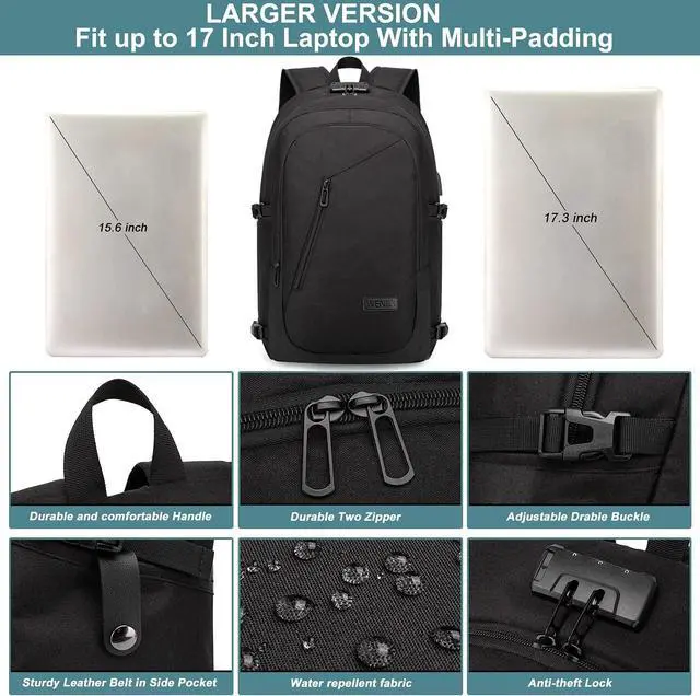 Alt view image 4 of 6 - 17.3 Inch Laptop Backpack,Large Travel Laptop Bag with USB Charging Port, Anti Theft Water Resistant Business Backpack for Men and Women, Durable Big Capacity Heavy Duty Computer Bag,Black