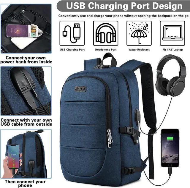 Alt view image 2 of 6 - Travel Laptop Backpack, 17.3 inch Anti Theft Business Laptop Backpack with USB Charging Port and Headphone Interface, Computer Backpack for College School Student Work Men & Women Blue