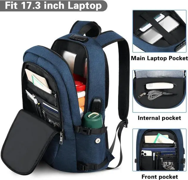 Alt view image 3 of 6 - Travel Laptop Backpack, 17.3 inch Anti Theft Business Laptop Backpack with USB Charging Port and Headphone Interface, Computer Backpack for College School Student Work Men & Women Blue