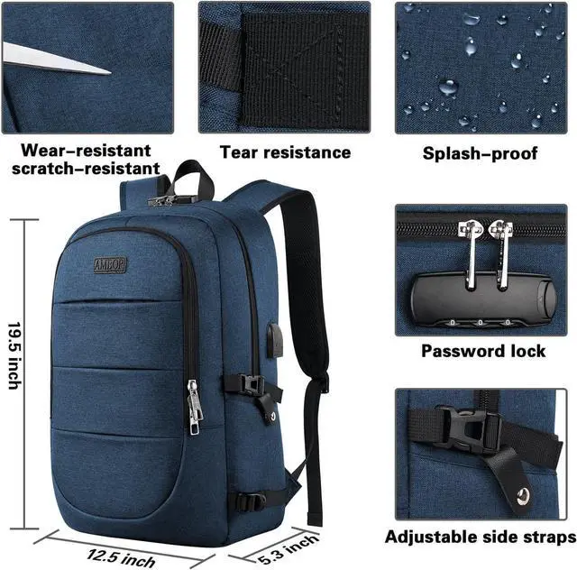 Alt view image 4 of 6 - Travel Laptop Backpack, 17.3 inch Anti Theft Business Laptop Backpack with USB Charging Port and Headphone Interface, Computer Backpack for College School Student Work Men & Women Blue