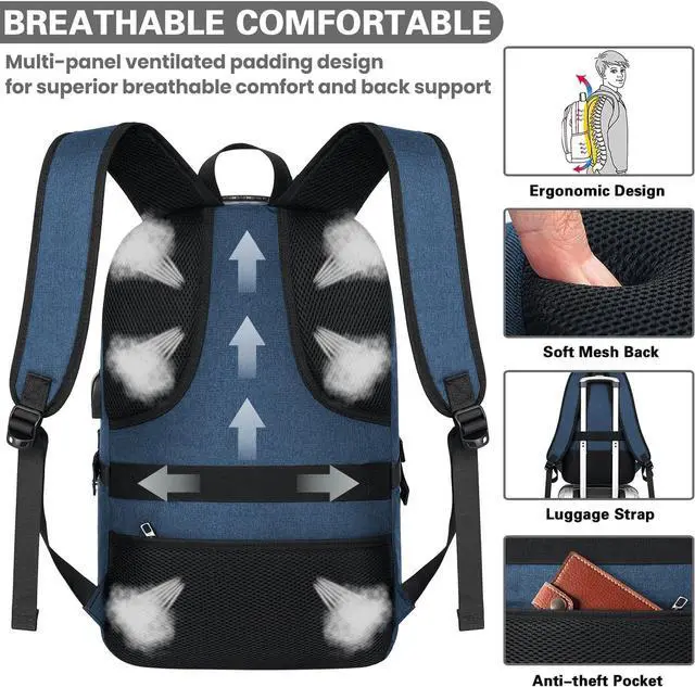 Alt view image 5 of 6 - Travel Laptop Backpack, 17.3 inch Anti Theft Business Laptop Backpack with USB Charging Port and Headphone Interface, Computer Backpack for College School Student Work Men & Women Blue