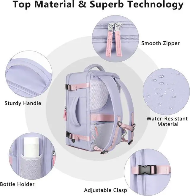 Alt view image 3 of 7 - Snoffic Reliable Travel Backpack for Men Women, Carry On Backpack Personal Item Size, Waterproof College Backpack, Business Work Hiking Casual Daypack Bag, Fits 17.3" Laptop, Purple & Grey