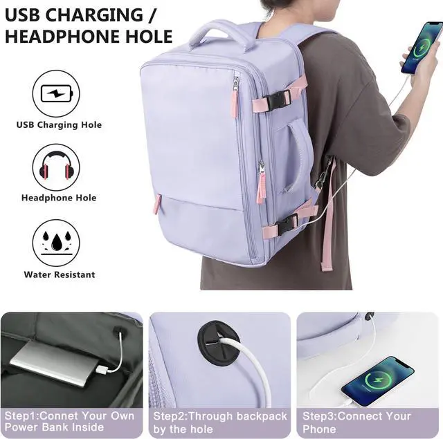 Alt view image 4 of 7 - Snoffic Reliable Travel Backpack for Men Women, Carry On Backpack Personal Item Size, Waterproof College Backpack, Business Work Hiking Casual Daypack Bag, Fits 17.3" Laptop, Purple & Grey