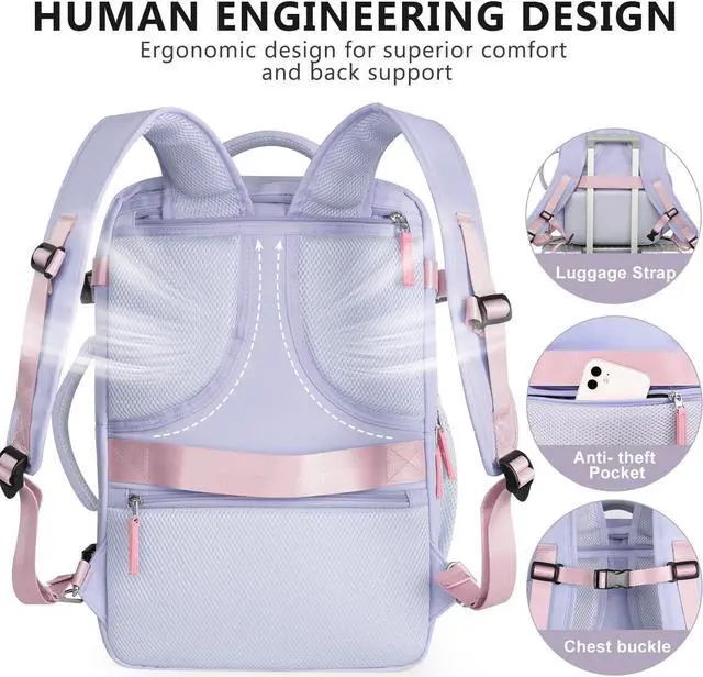 Alt view image 6 of 7 - Snoffic Reliable Travel Backpack for Men Women, Carry On Backpack Personal Item Size, Waterproof College Backpack, Business Work Hiking Casual Daypack Bag, Fits 17.3" Laptop, Purple & Grey