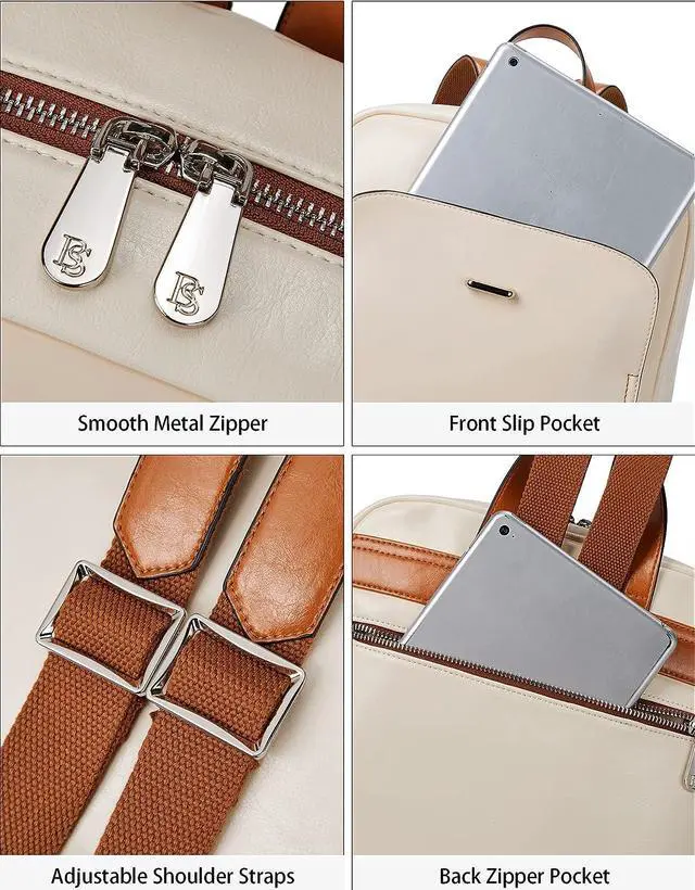 Alt view image 6 of 7 - BOSTANTEN Leather Laptop Backpack Purse Casual College Casual Bags Daypack creamy-white