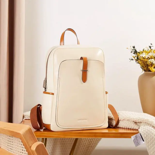 Alt view image 7 of 7 - BOSTANTEN Leather Laptop Backpack Purse Casual College Casual Bags Daypack creamy-white