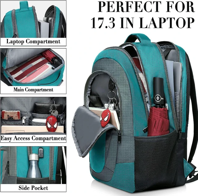 Alt view image 2 of 7 - BIKROD Teal Backpack for Woman and Men, Travel Laptop School Backpack for Teens with USB Charging, Waterproof College Back Pack for 17.3 IN Laptop Backpack, Adult Business Computer Travel Backpack,
