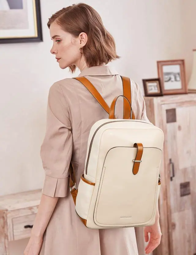Alt view image 2 of 7 - BOSTANTEN Leather Laptop Backpack Purse Casual College Casual Bags Daypack creamy-white