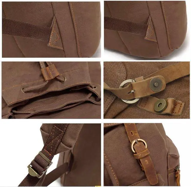 Alt view image 4 of 7 - Koolehaoda Vintage Canvas Backpack Leather Rucksack Knapsack Unisex Casual Backpack 15.6-inch Laptop Backpack Hiking Bag (Coffee-M)