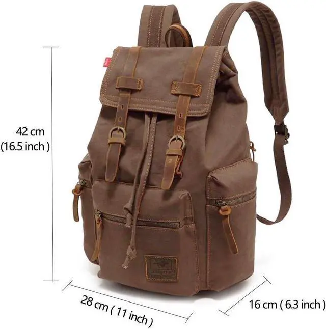 Alt view image 3 of 7 - Koolehaoda Vintage Canvas Backpack Leather Rucksack Knapsack Unisex Casual Backpack 15.6-inch Laptop Backpack Hiking Bag (Coffee-M)