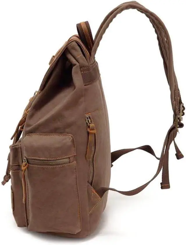Alt view image 5 of 7 - Koolehaoda Vintage Canvas Backpack Leather Rucksack Knapsack Unisex Casual Backpack 15.6-inch Laptop Backpack Hiking Bag (Coffee-M)