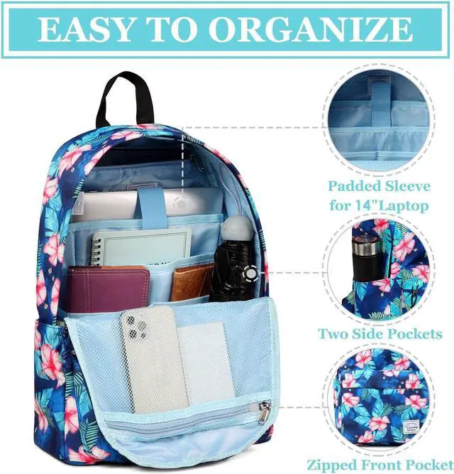 Alt view image 4 of 6 - Girls Backpack, VASCHY Water Resistant Fashion Floral 15.6 inch Laptop School Bookbag for Women Casual Daypack Travel Rucksack with Padded Laptop Sleeve (Turquoise Floral Blooms)