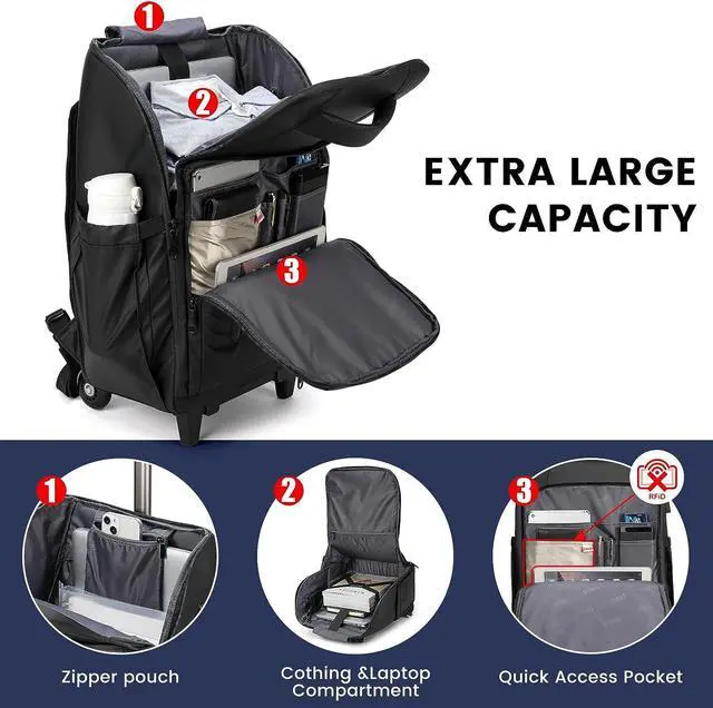 Alt view image 2 of 6 - Rolling Backpack, Waterproof Backpack with Wheels for Business College Student Commuter, Carry on Backpack with Laptop Compartment, Fit 15.6/17 Inch Laptop, Wheeled Backpack for Adults