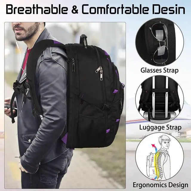 Alt view image 5 of 7 - 18.4 inch Travel Backpack Men Women, 55L Extra Large Laptop Backpack RFID Anti Theft TSA Friendly Flight Approved Backpacks, Water Resistant College School Heavy Duty With USB Charging Port