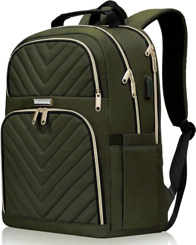 Main image of Travel Laptop Backpack for Women, 15.6 Inch Quilted Work Backpack Purse with USB Charging Port, Large Anti-theft TeacherBook Bags, Casual Daypacks, Green(over 3 years old)