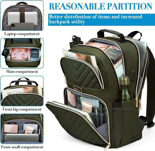 Alt view image 2 of 7 - Travel Laptop Backpack for Women, 15.6 Inch Quilted Work Backpack Purse with USB Charging Port, Large Anti-theft TeacherBook Bags, Casual Daypacks, Green(over 3 years old)