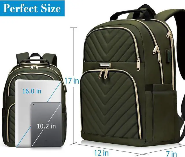 Alt view image 4 of 7 - Travel Laptop Backpack for Women, 15.6 Inch Quilted Work Backpack Purse with USB Charging Port, Large Anti-theft TeacherBook Bags, Casual Daypacks, Green(over 3 years old)
