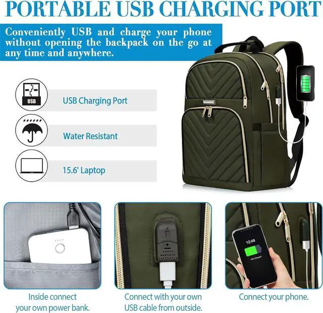 Alt view image 3 of 7 - Travel Laptop Backpack for Women, 15.6 Inch Quilted Work Backpack Purse with USB Charging Port, Large Anti-theft TeacherBook Bags, Casual Daypacks, Green(over 3 years old)
