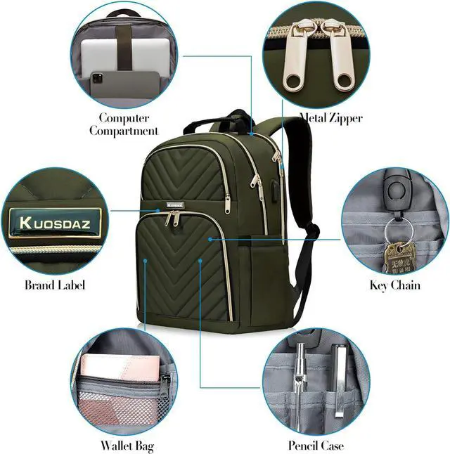 Alt view image 6 of 7 - Travel Laptop Backpack for Women, 15.6 Inch Quilted Work Backpack Purse with USB Charging Port, Large Anti-theft TeacherBook Bags, Casual Daypacks, Green(over 3 years old)