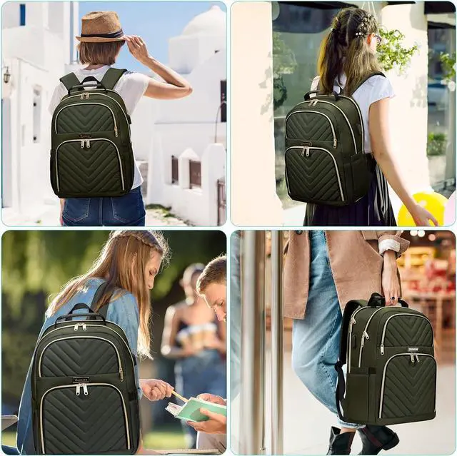 Alt view image 7 of 7 - Travel Laptop Backpack for Women, 15.6 Inch Quilted Work Backpack Purse with USB Charging Port, Large Anti-theft TeacherBook Bags, Casual Daypacks, Green(over 3 years old)