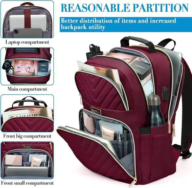Alt view image 2 of 7 - Kuosdaz Laptop Backpack for Women, School Backpack for Teens, 15.6 Inch Large Fashion College Bookbag for Girls with USB Charging Port, Women Work Travel Back Pack Purse Casual Daypacks, Wine Red