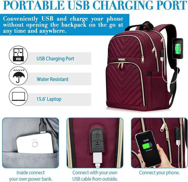 Alt view image 3 of 7 - Kuosdaz Laptop Backpack for Women, School Backpack for Teens, 15.6 Inch Large Fashion College Bookbag for Girls with USB Charging Port, Women Work Travel Back Pack Purse Casual Daypacks, Wine Red