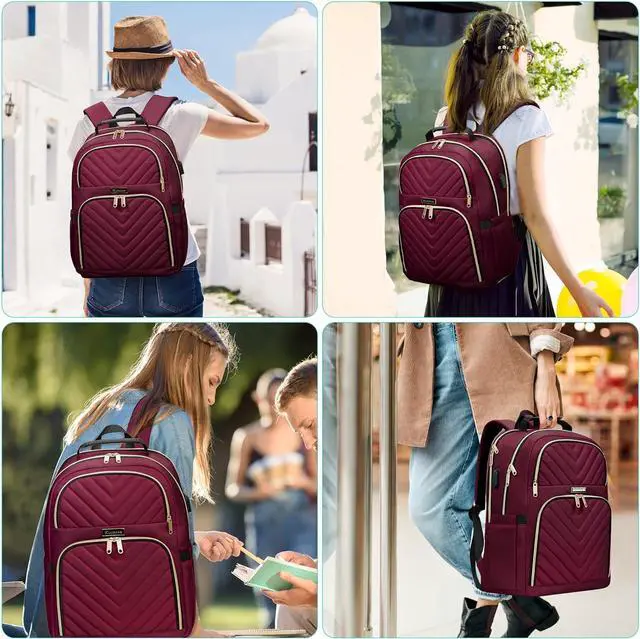 Alt view image 7 of 7 - Kuosdaz Laptop Backpack for Women, School Backpack for Teens, 15.6 Inch Large Fashion College Bookbag for Girls with USB Charging Port, Women Work Travel Back Pack Purse Casual Daypacks, Wine Red