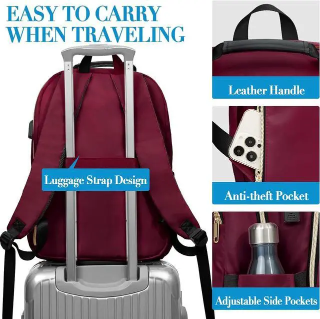Alt view image 5 of 7 - Kuosdaz Laptop Backpack for Women, School Backpack for Teens, 15.6 Inch Large Fashion College Bookbag for Girls with USB Charging Port, Women Work Travel Back Pack Purse Casual Daypacks, Wine Red