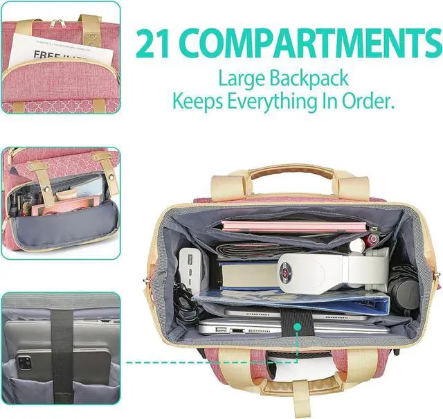 Alt view image 2 of 7 - Laptop Backpack for Women, School Backpack for Girls, 15.6 Inch Laptop Bag with USB Port, Wide Open Large Backpack Purse, Back Pack Work College Business Student Teacher Nurse, Pink