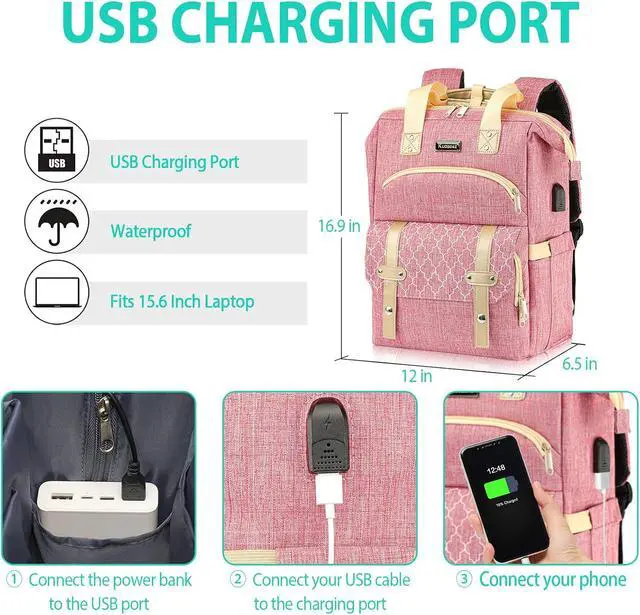 Alt view image 4 of 7 - Laptop Backpack for Women, School Backpack for Girls, 15.6 Inch Laptop Bag with USB Port, Wide Open Large Backpack Purse, Back Pack Work College Business Student Teacher Nurse, Pink