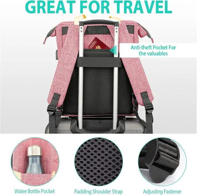 Alt view image 5 of 7 - Laptop Backpack for Women, School Backpack for Girls, 15.6 Inch Laptop Bag with USB Port, Wide Open Large Backpack Purse, Back Pack Work College Business Student Teacher Nurse, Pink
