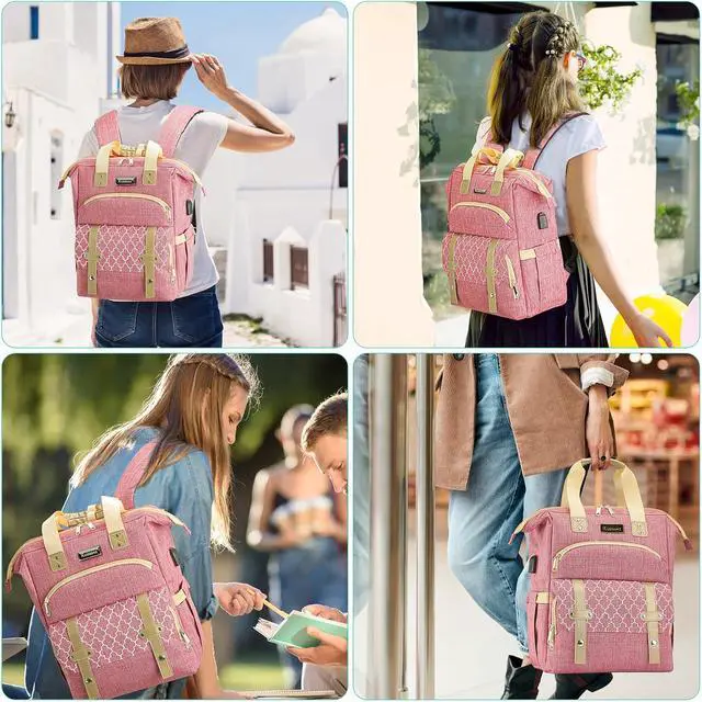 Alt view image 7 of 7 - Laptop Backpack for Women, School Backpack for Girls, 15.6 Inch Laptop Bag with USB Port, Wide Open Large Backpack Purse, Back Pack Work College Business Student Teacher Nurse, Pink