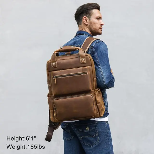 Alt view image 6 of 6 - TIDING Men's Vintage Genuine Leather Backpack 17 Inch Laptop Computer Bag Business Travel Rucksack Brown