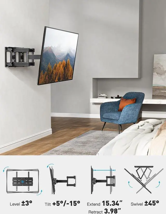 Alt view image 6 of 7 - Pipishell TV Wall Mount for 26-65 inch LED LCD OLED 4K TVs up to 99lbs, Full Motion TV Mount Bracket Articulating Swivel Extension Tilting Leveling Max VESA 400x400mm, Fits 12/16 Inch Wood Studs