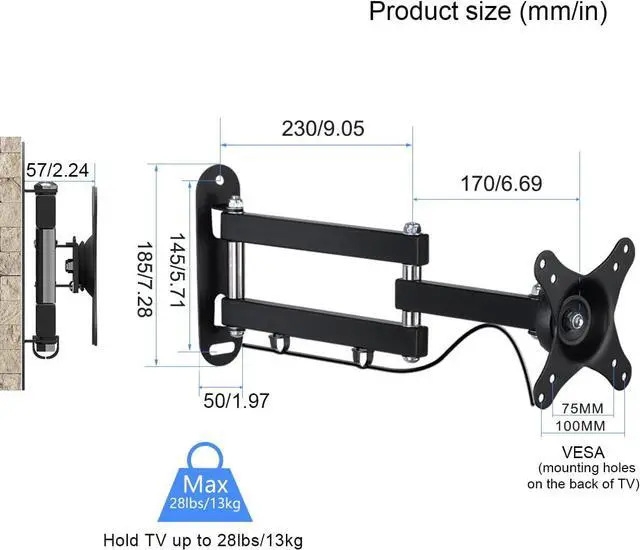 Alt view image 7 of 7 - Suptek TV Wall Mount Swivel Tilt Rotation Full Motion Adjustable Articulating for Most 15-32 inch LED, LCD Monitor Wall Mount VESA 75,100 (MA2720)