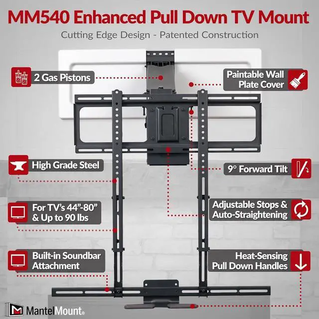 Alt view image 3 of 7 - MantelMount MM540 - Above Fireplace Pull Down TV Mount for 40" to 80" Screen TVs to 90 lbs, with Patented auto-straightening, Adjustable Stops, Heat Sensor Handles & Paintable Covers