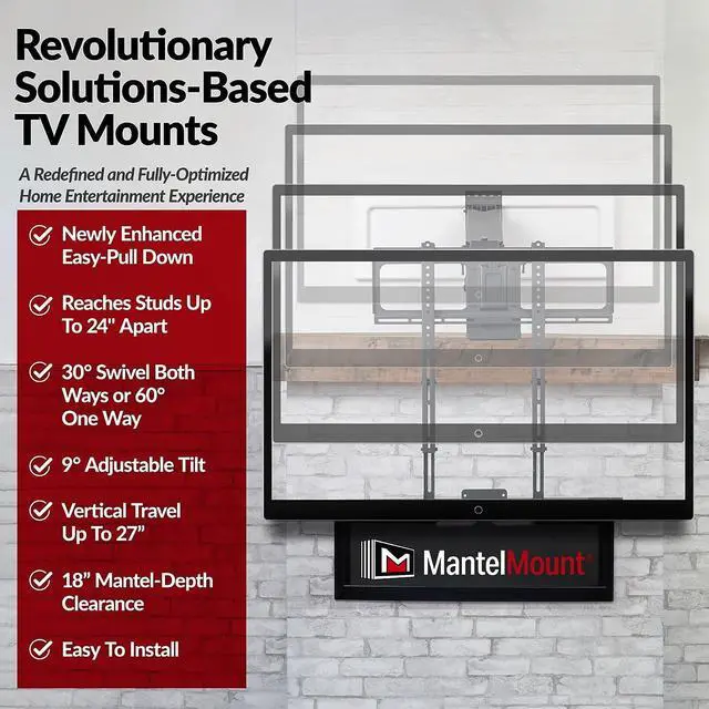 Alt view image 4 of 7 - MantelMount MM540 - Above Fireplace Pull Down TV Mount for 40" to 80" Screen TVs to 90 lbs, with Patented auto-straightening, Adjustable Stops, Heat Sensor Handles & Paintable Covers