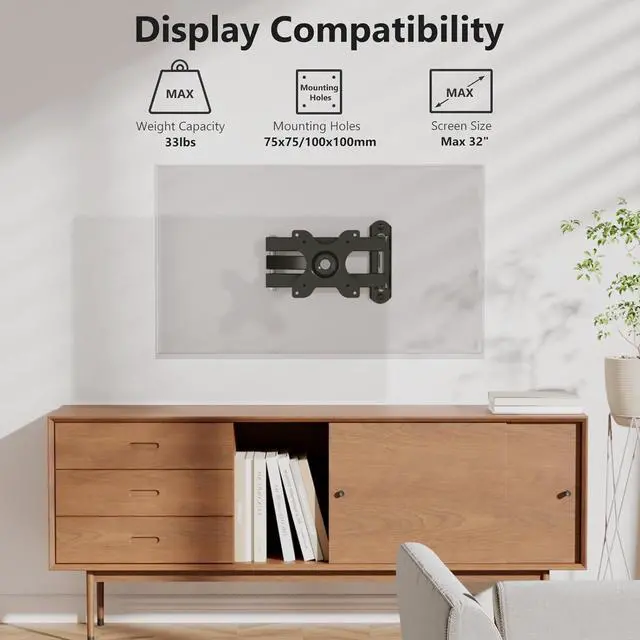 Alt view image 2 of 7 - WALI TV Wall Mount Articulating LCD Monitor Full Motion 15 inch Extension Arm Tilt Swivel for Most 13 to 32 inch LED TV Flat Panel Screen with Mounting Holes up to 100x100mm (1330LM), Black
