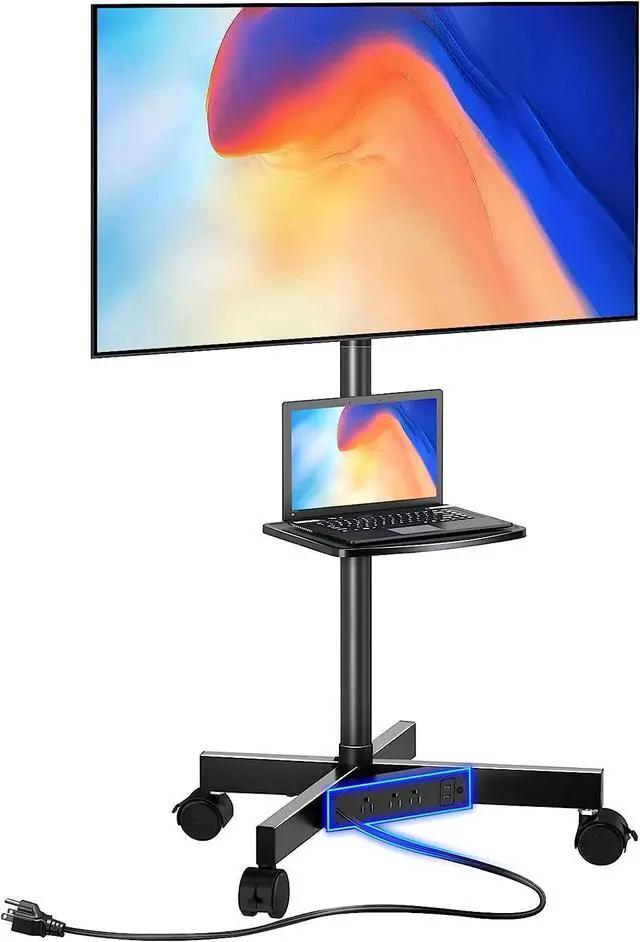 Main image of TV Stand with Power Outlet, Mobile TV Cart on Wheels for 23-60 inch LED LCD Flat Curved Panel Screen TVs, up to 88 lbs, Height Adjustable Rolling TV Stand with AV Shelf, Max VESA 400x400mm