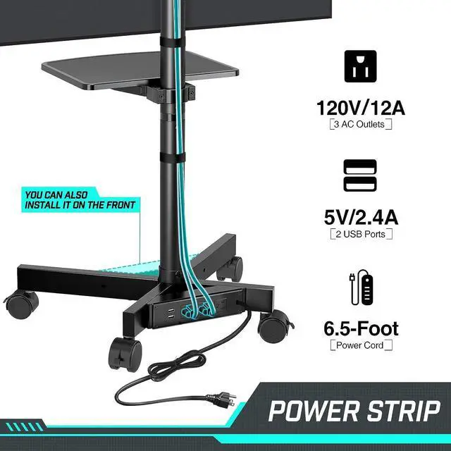 Alt view image 2 of 7 - TV Stand with Power Outlet, Mobile TV Cart on Wheels for 23-60 inch LED LCD Flat Curved Panel Screen TVs, up to 88 lbs, Height Adjustable Rolling TV Stand with AV Shelf, Max VESA 400x400mm