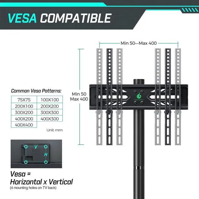Alt view image 6 of 7 - TV Stand with Power Outlet, Mobile TV Cart on Wheels for 23-60 inch LED LCD Flat Curved Panel Screen TVs, up to 88 lbs, Height Adjustable Rolling TV Stand with AV Shelf, Max VESA 400x400mm