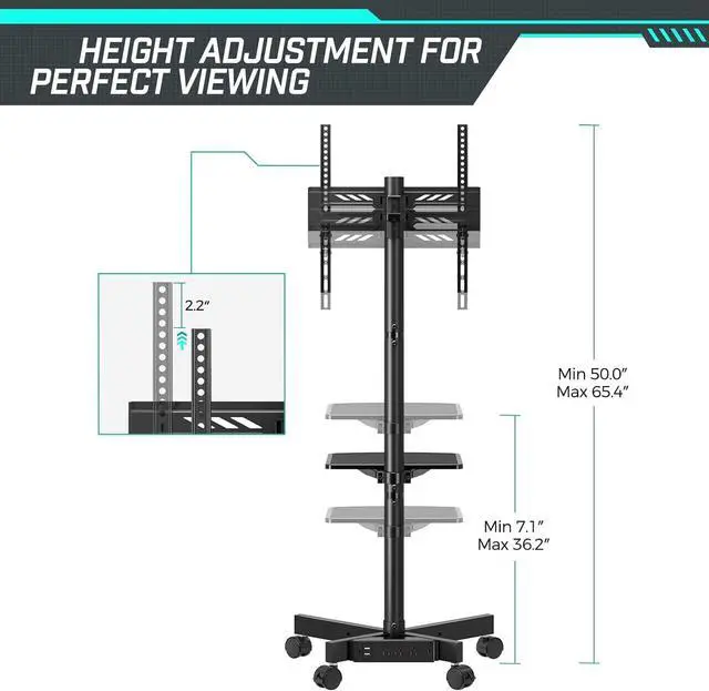 Alt view image 7 of 7 - TV Stand with Power Outlet, Mobile TV Cart on Wheels for 23-60 inch LED LCD Flat Curved Panel Screen TVs, up to 88 lbs, Height Adjustable Rolling TV Stand with AV Shelf, Max VESA 400x400mm