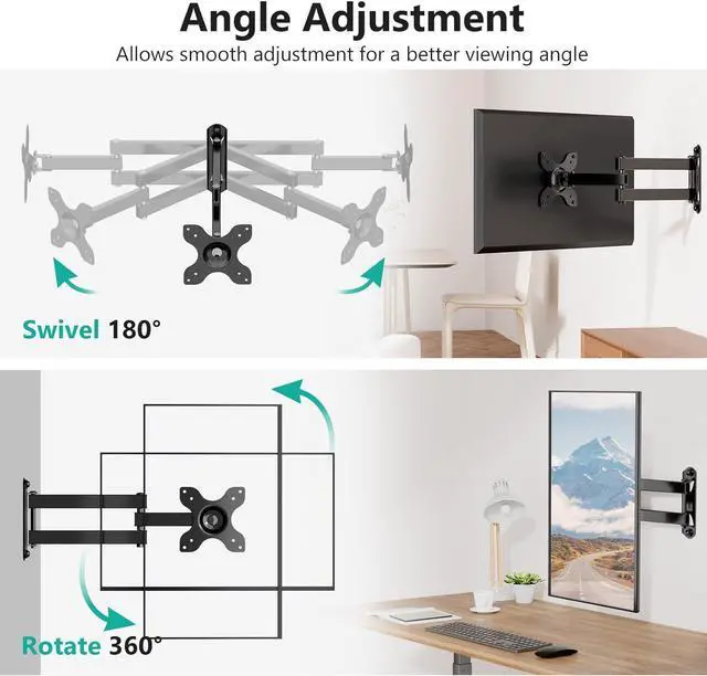 Alt view image 3 of 7 - WALI TV Wall Mount Articulating LCD Monitor Full Motion 15 inch Extension Arm Tilt Swivel for Most 13 to 32 inch LED TV Flat Panel Screen with Mounting Holes up to 100x100mm (1330LM), Black
