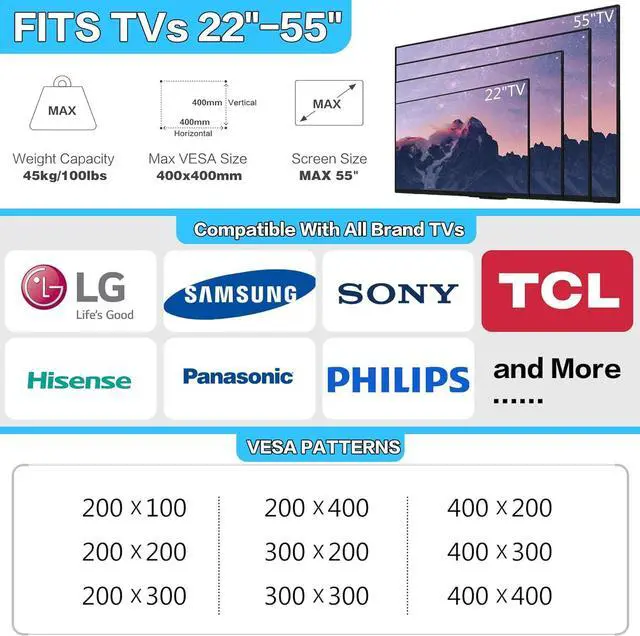 Alt view image 3 of 6 - No Stud TV Mount for All Brand 22-55 Inch TVs, Universal Studless TV Drywall Mount Bracket for Flat Screen TVs Monitors, Low Profile, Loading Capacity 100lbs, Max Vesa 400 x 400mm